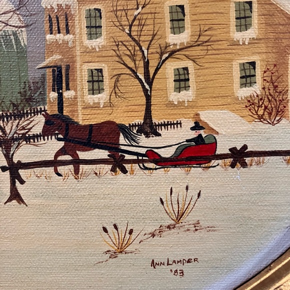 Vintage Winter Scene Oval 18” x 14” Framed original Painting signed - Picture 5 of 12